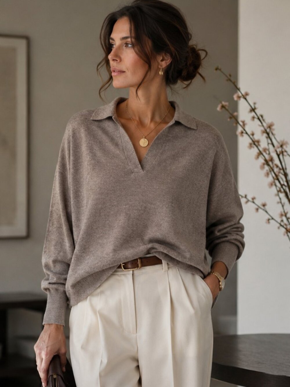 R Label Wool Cashmere Sweater Polo Collar Taupe Pullover Women's Large L Soft